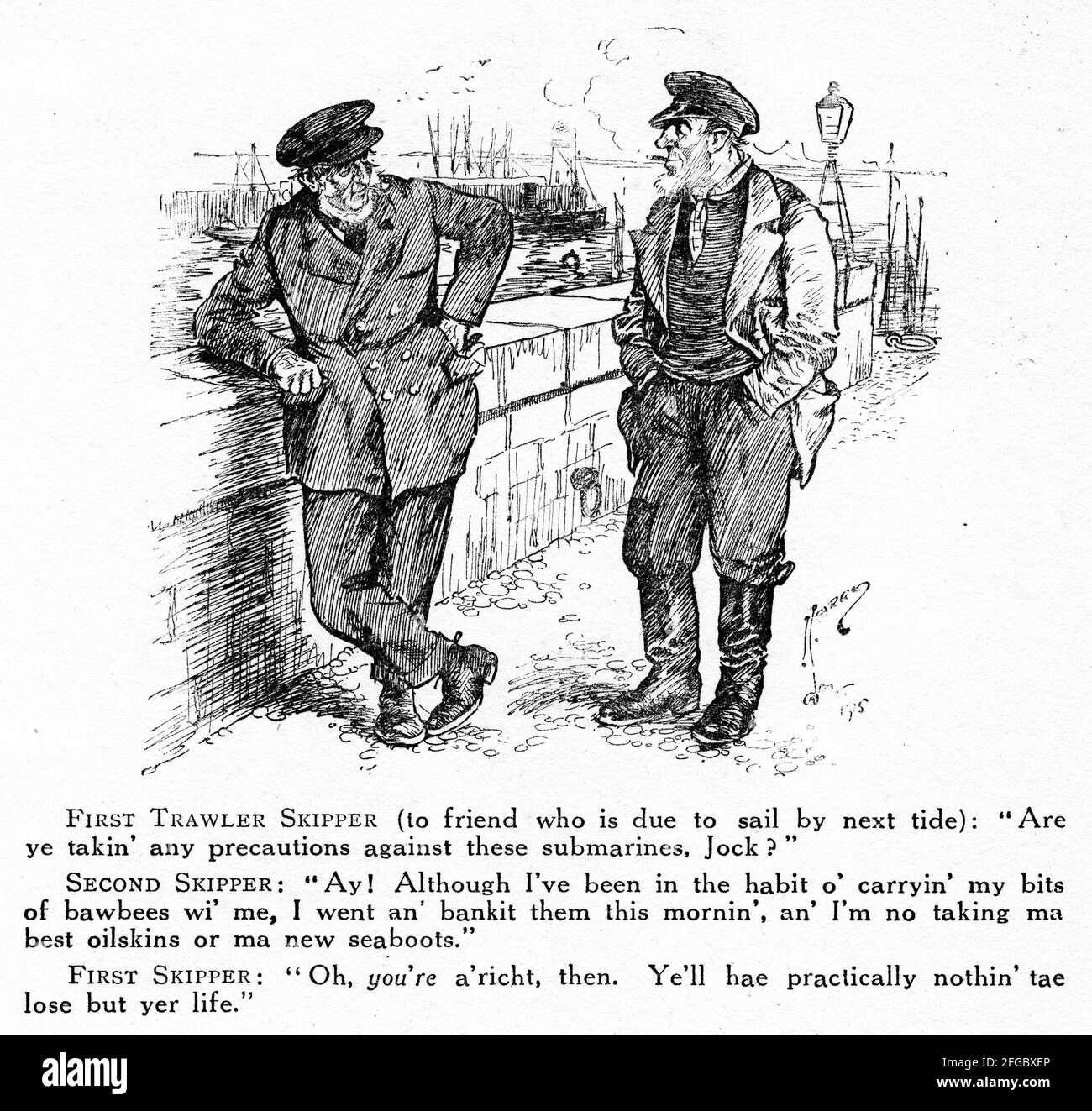 Gravure de deux pêcheurs anglais discutant de la menace des sous-marins allemands pendant la première Guerre mondiale. Du magazine Punch. Banque D'Images