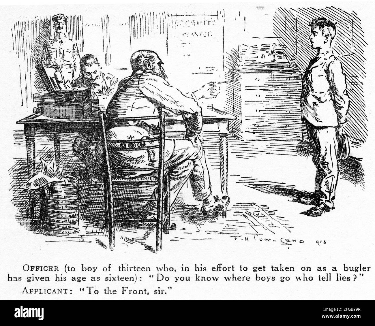 Gravure d'une recrue de mineurs indiquant son cas pendant la première Guerre mondiale. Du magazine Punch. Banque D'Images