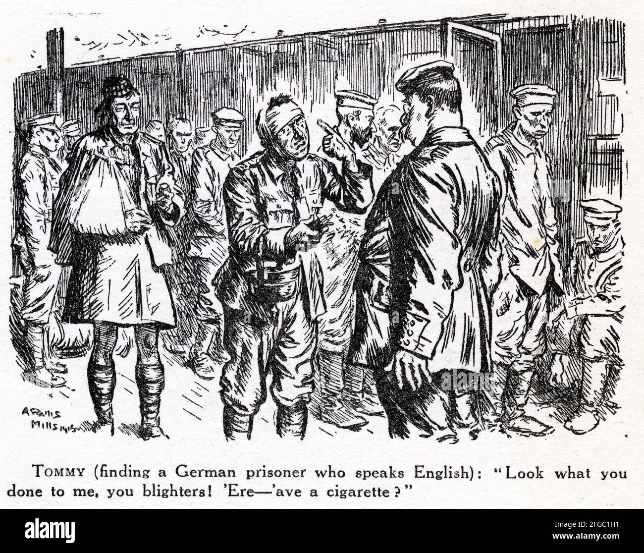 Gravure d'un Tommy britannique offrant à un soldat allemand une cigarette pendant la première Guerre mondiale. Du magazine Punch. Banque D'Images
