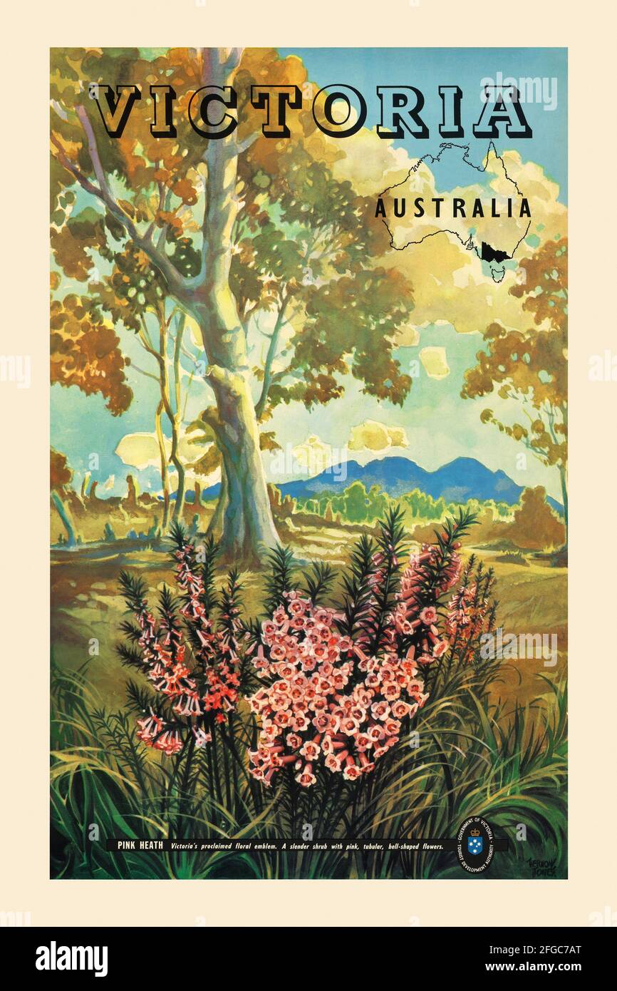 Victoria, Australie par Vernon Jones (dates inconnues). Affiche ancienne restaurée publiée en 1944 en Australie. Banque D'Images