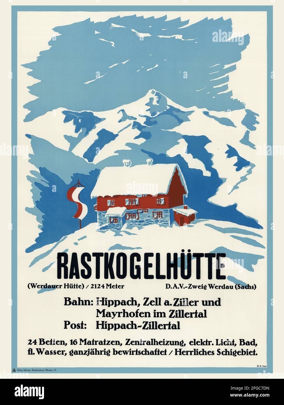 Rastkogelhütte. Wölberg. Deutscher Alpenverein par W. H. Tittel (dates inconnues). Affiche ancienne restaurée publiée en 1938 en Allemagne. Banque D'Images