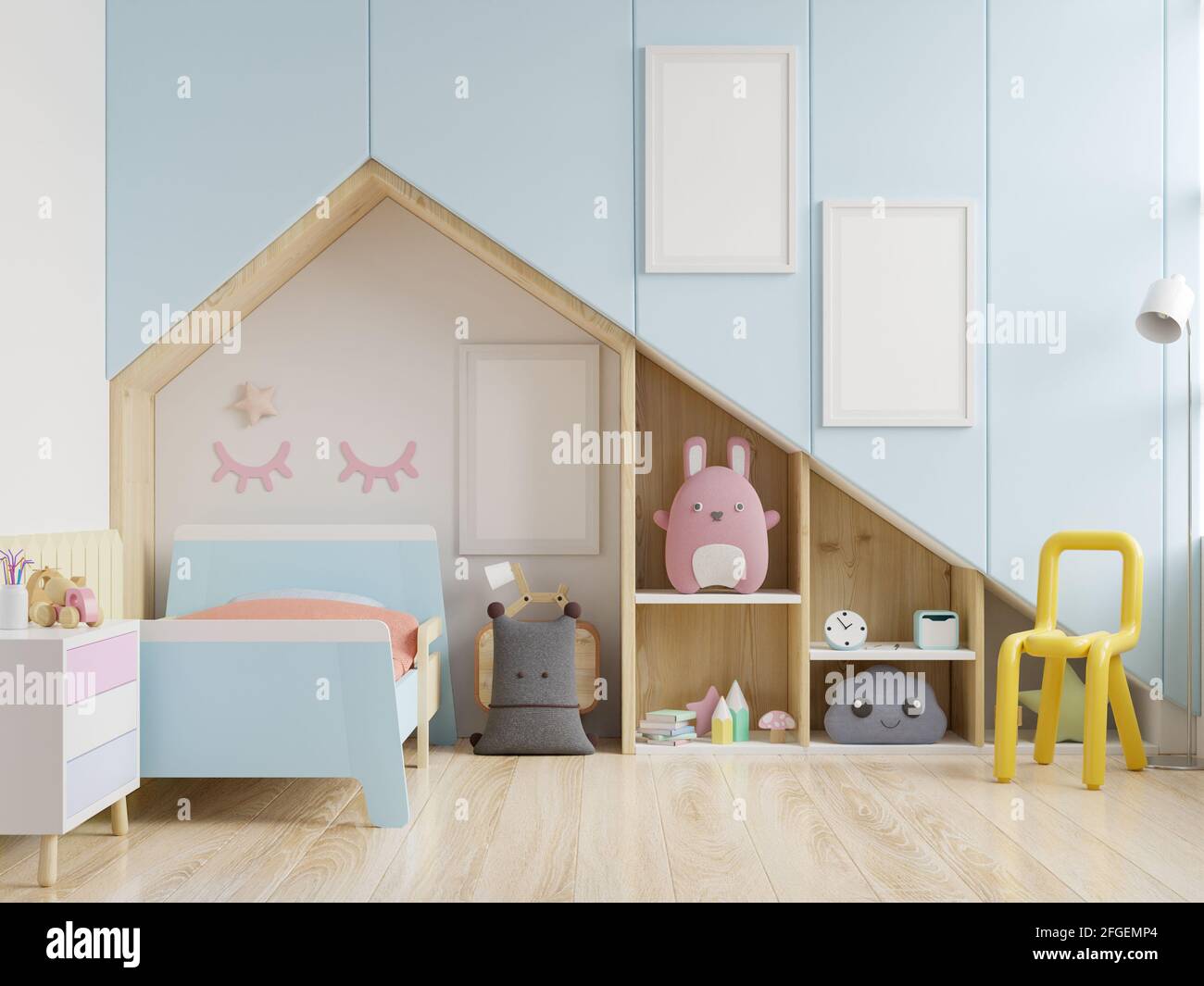 Chambre des enfants avec toit et murs bleus/affiche maquette cadre dans la chambre des enfants, rendu 3d Banque D'Images
