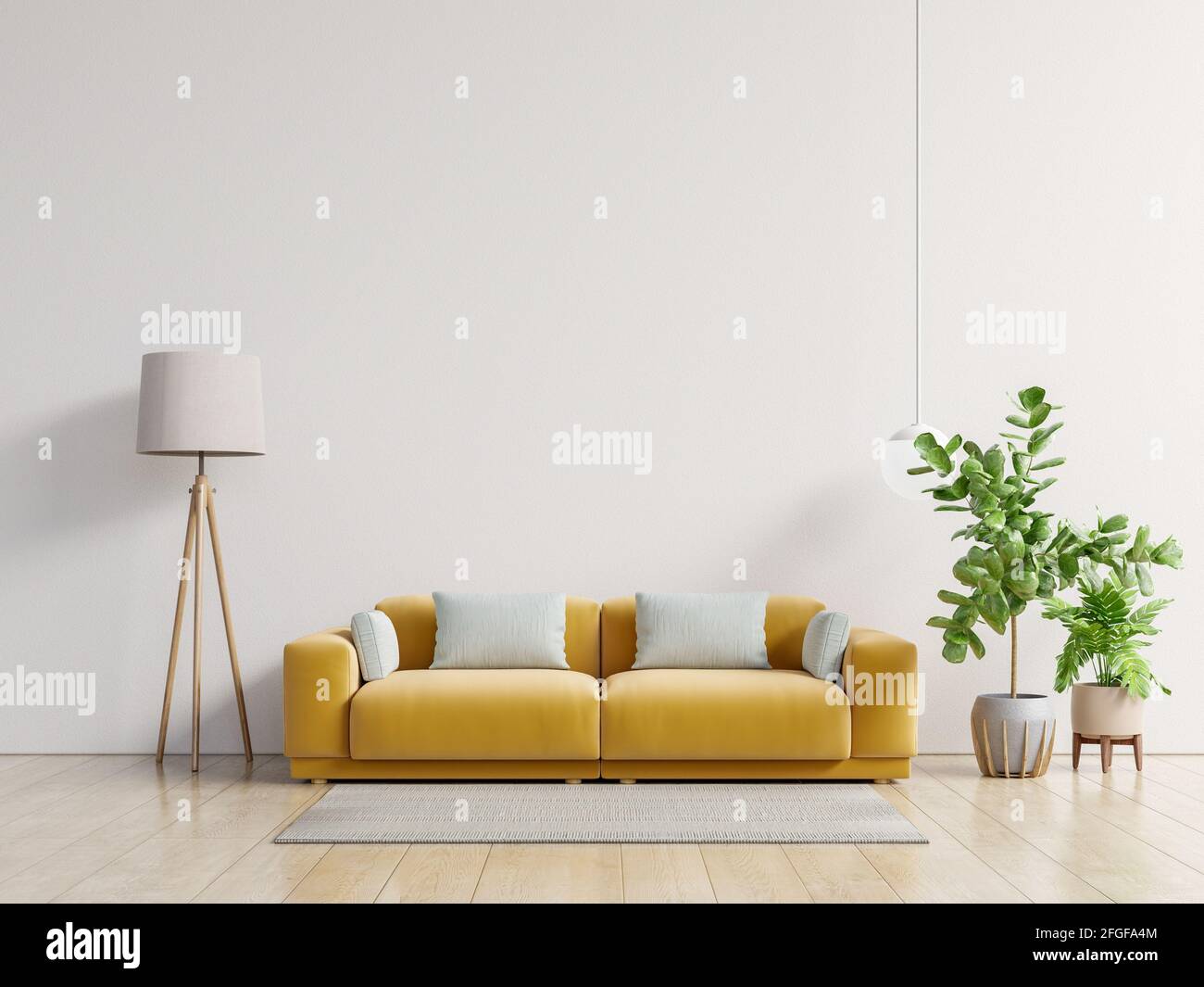 Salon vide avec canapé jaune, plantes et table sur fond blanc vide. Rendu 3D Banque D'Images