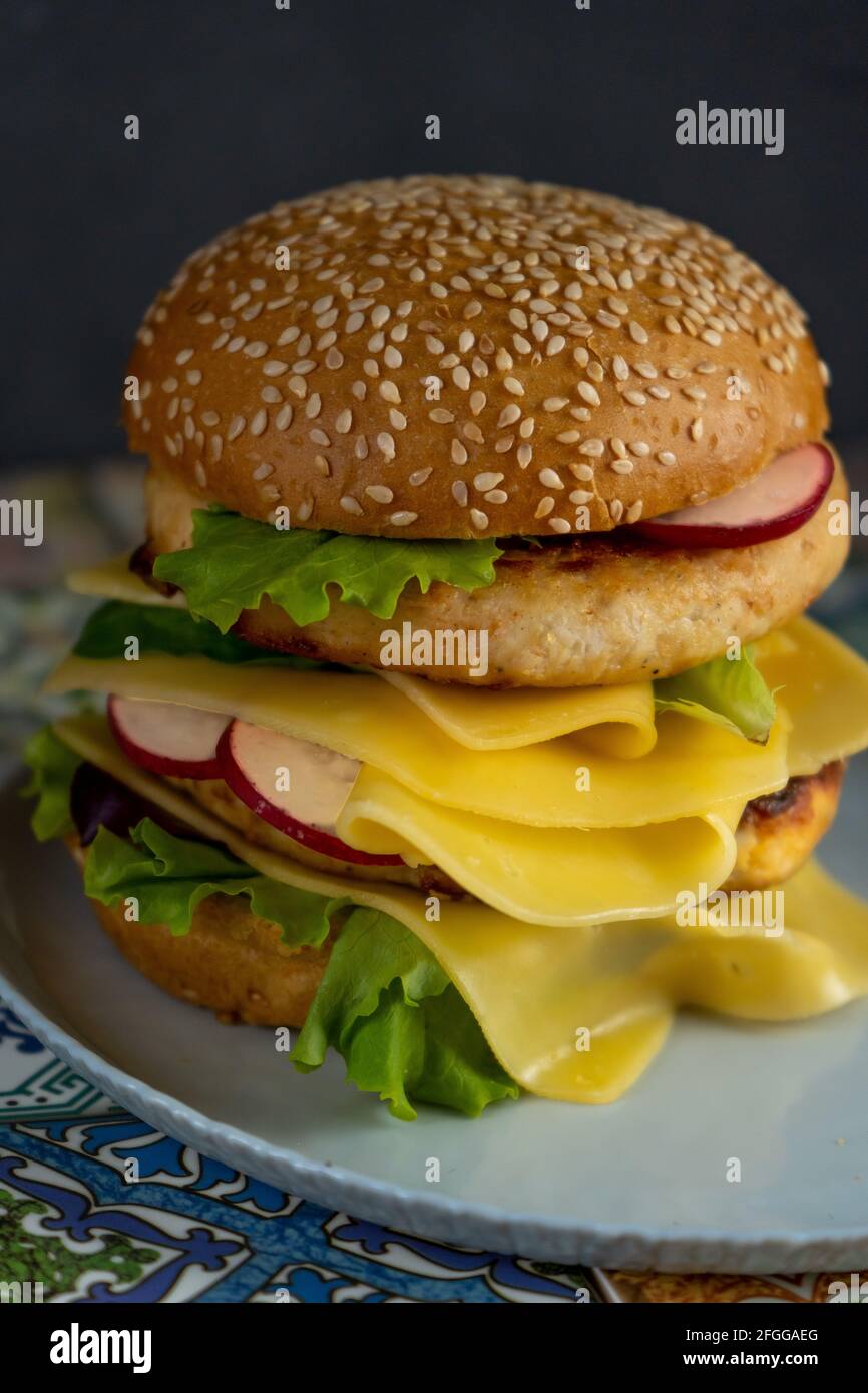 Pain hamburger, double escalope de poulet avec fromage, laitue, arugula et radis.Viande, légumes et pain.Ingrédients.Hamburger maison sur une assiette.Table en carreaux de couleur. Banque D'Images