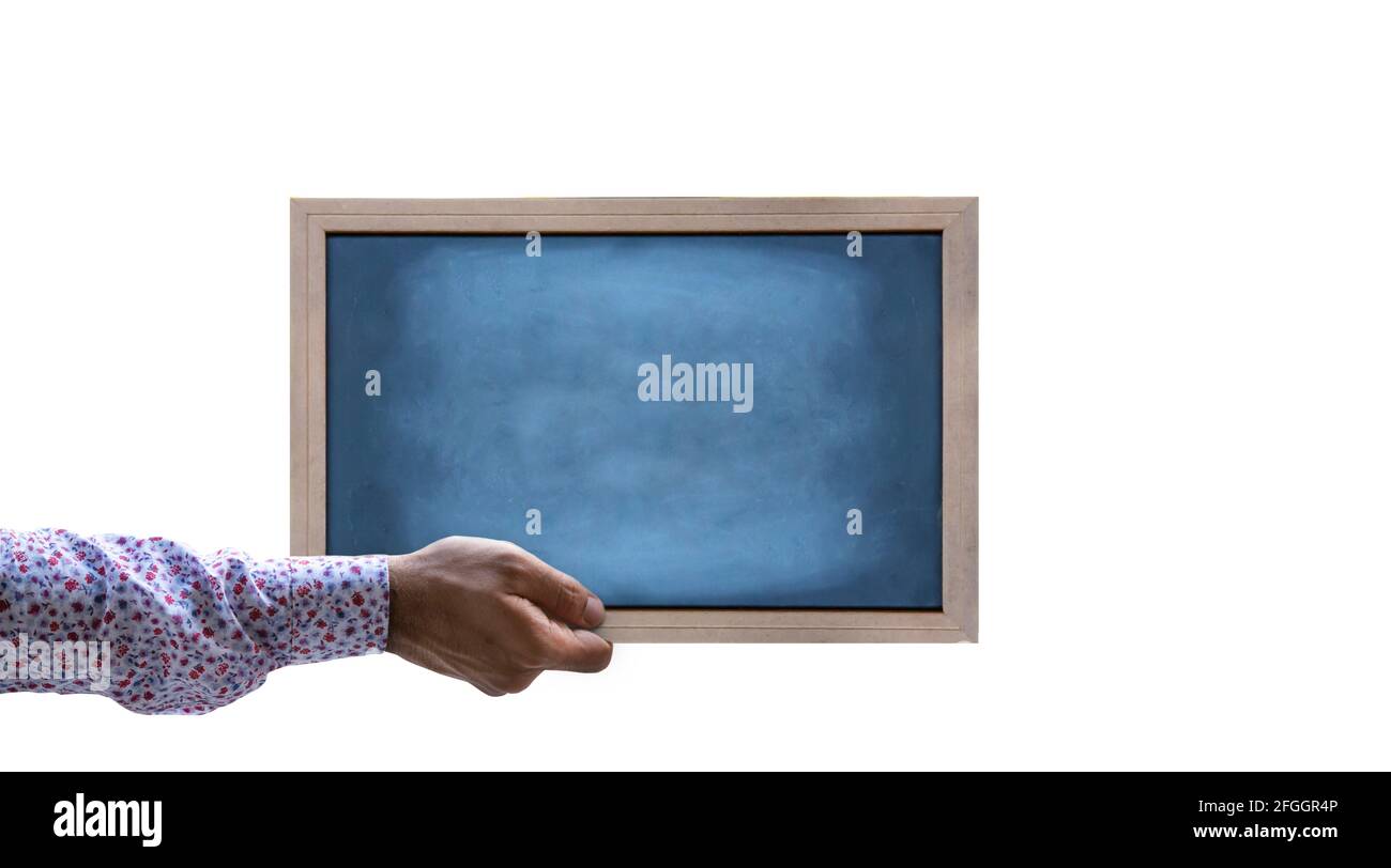 Homme main tenant vide dessin noir tableau de chad avec cadre en bois Banque D'Images
