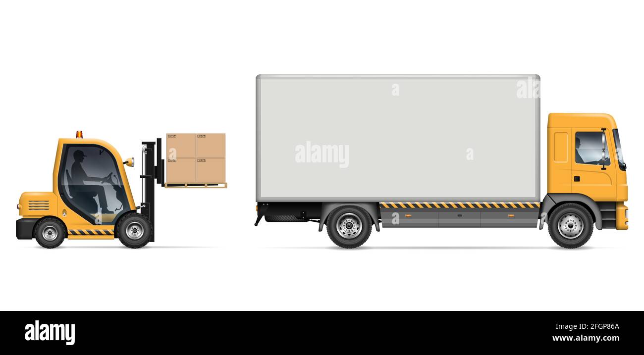 Illustration du vecteur de vue latérale du chariot élévateur de chargement dans le chariot de livraison. Matériel d'entrepôt et de stockage. Logistique et expédition de fret. Illustration de Vecteur