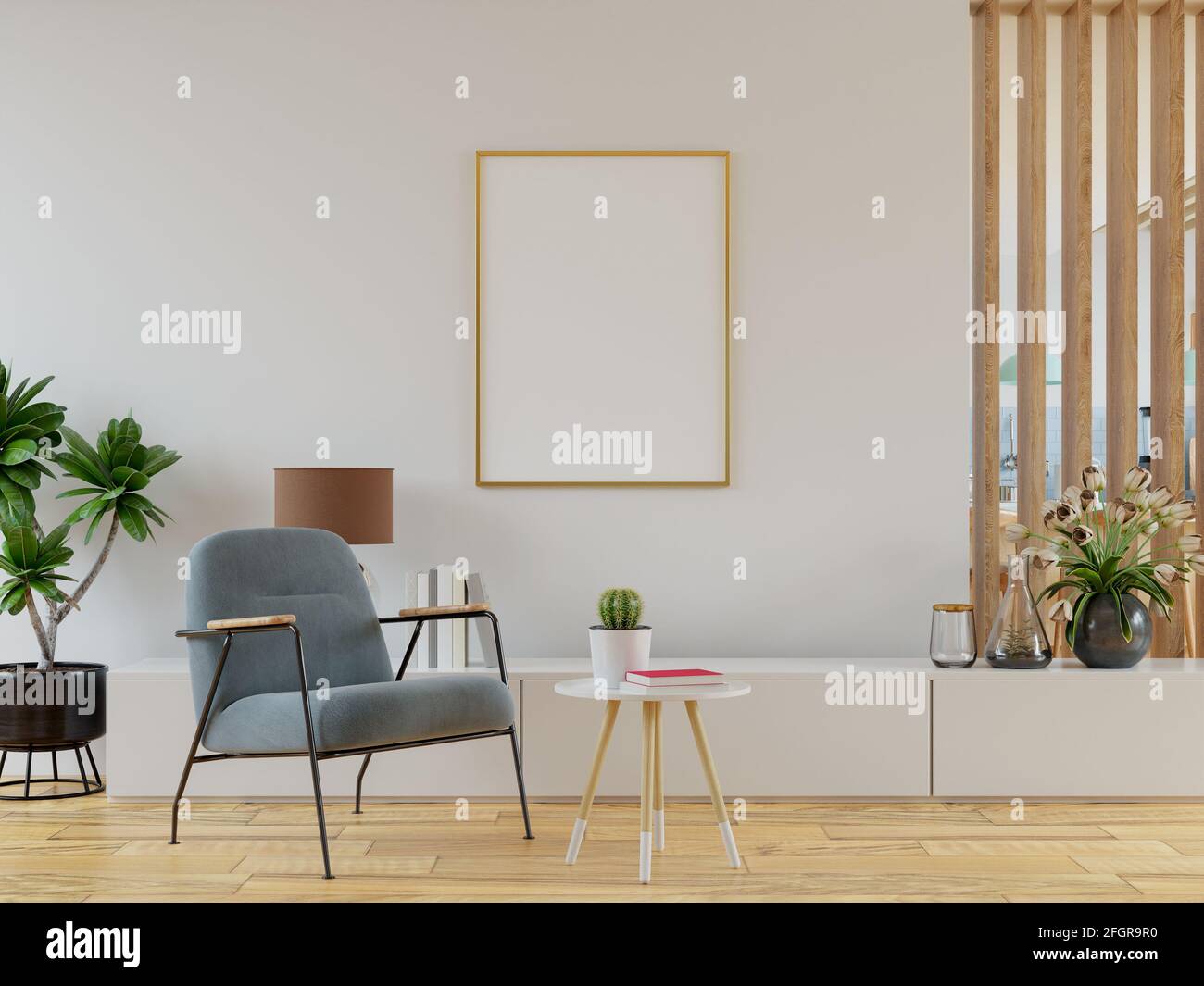 Maquette d'affiche avec cadres verticaux sur le mur vide dans la salle de séjour Intérieur avec fauteuil en velours rose. Rendu 3D Banque D'Images