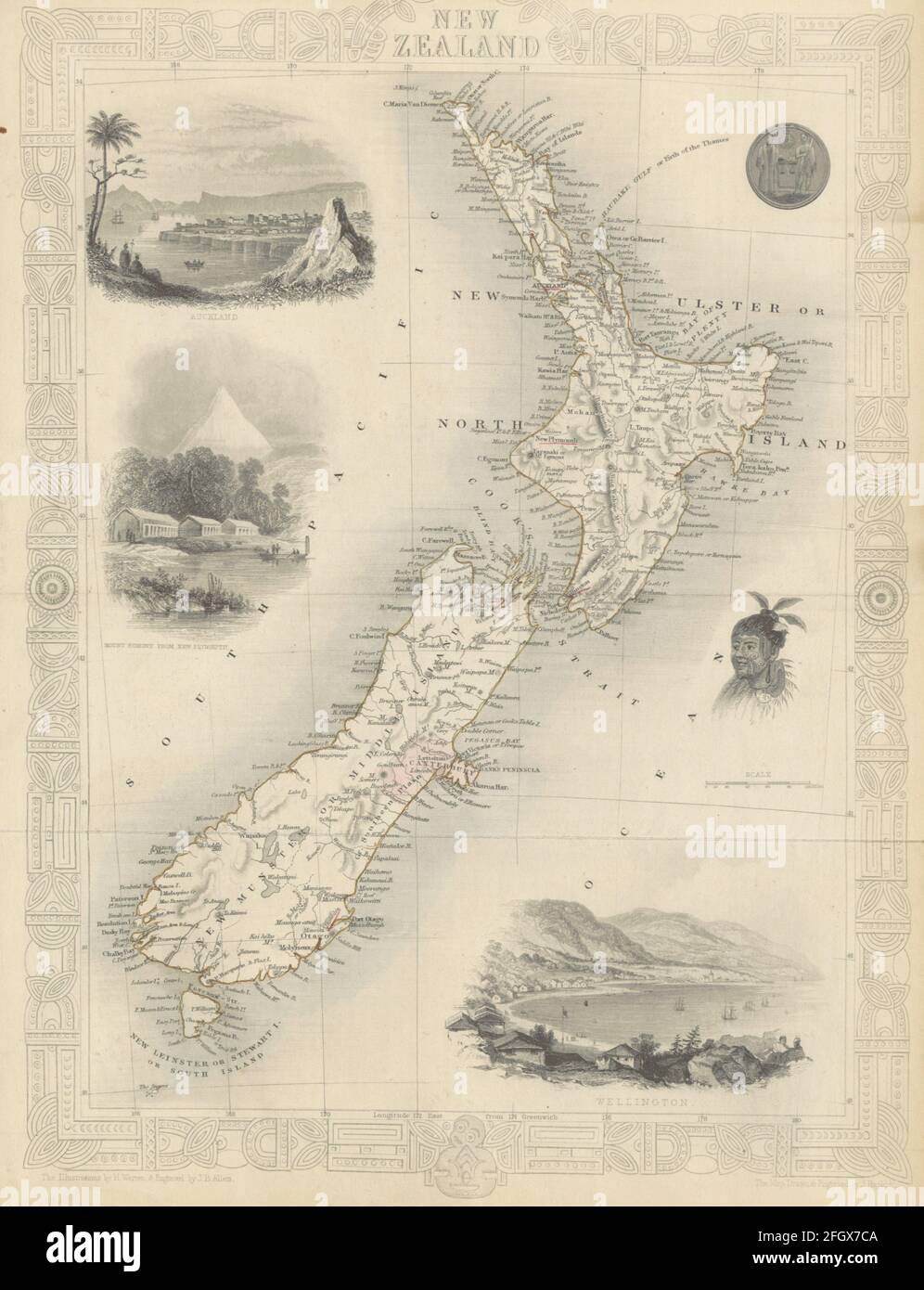 Carte de Tallis de New Zeeland datant du XIXe siècle. Toutes les cartes sont magnifiquement colorées et illustrées montrant le monde connu en ce moment. Banque D'Images