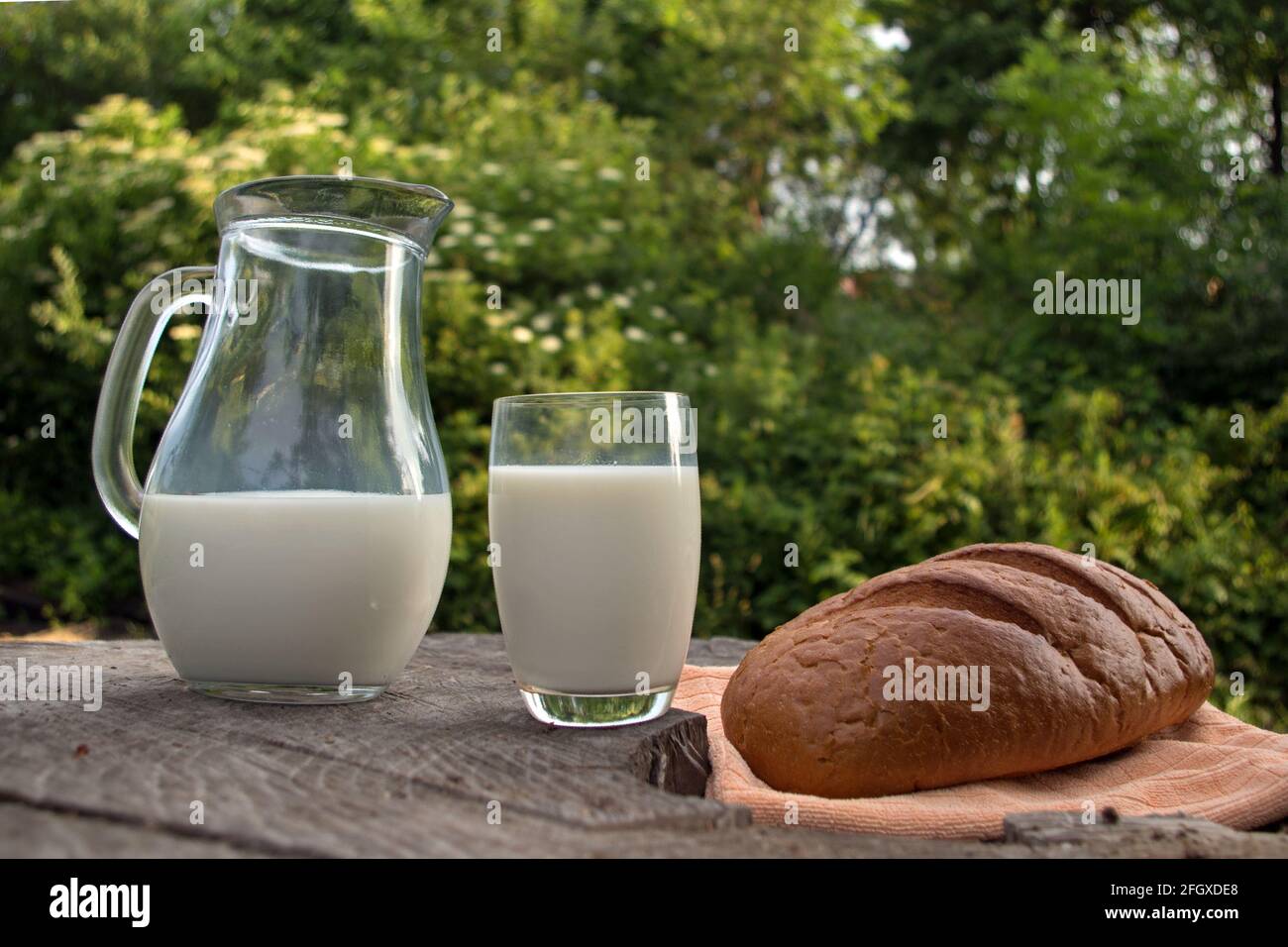 Un pain oblong de pain blanc avec une croûte brune, un pot en verre et un verre transparent rempli de lait blanc se tiennent sur une vieille souche grise au milieu de la flous FO Banque D'Images