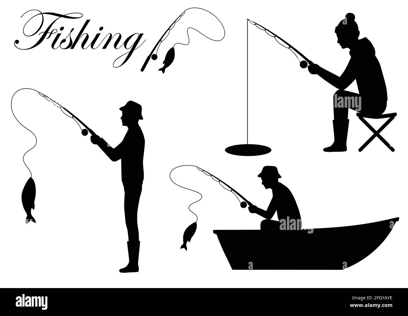 Illustration vectorielle d'une silhouette de pêcheur icône, homme cath poisson sur la canne à pêche Illustration de Vecteur