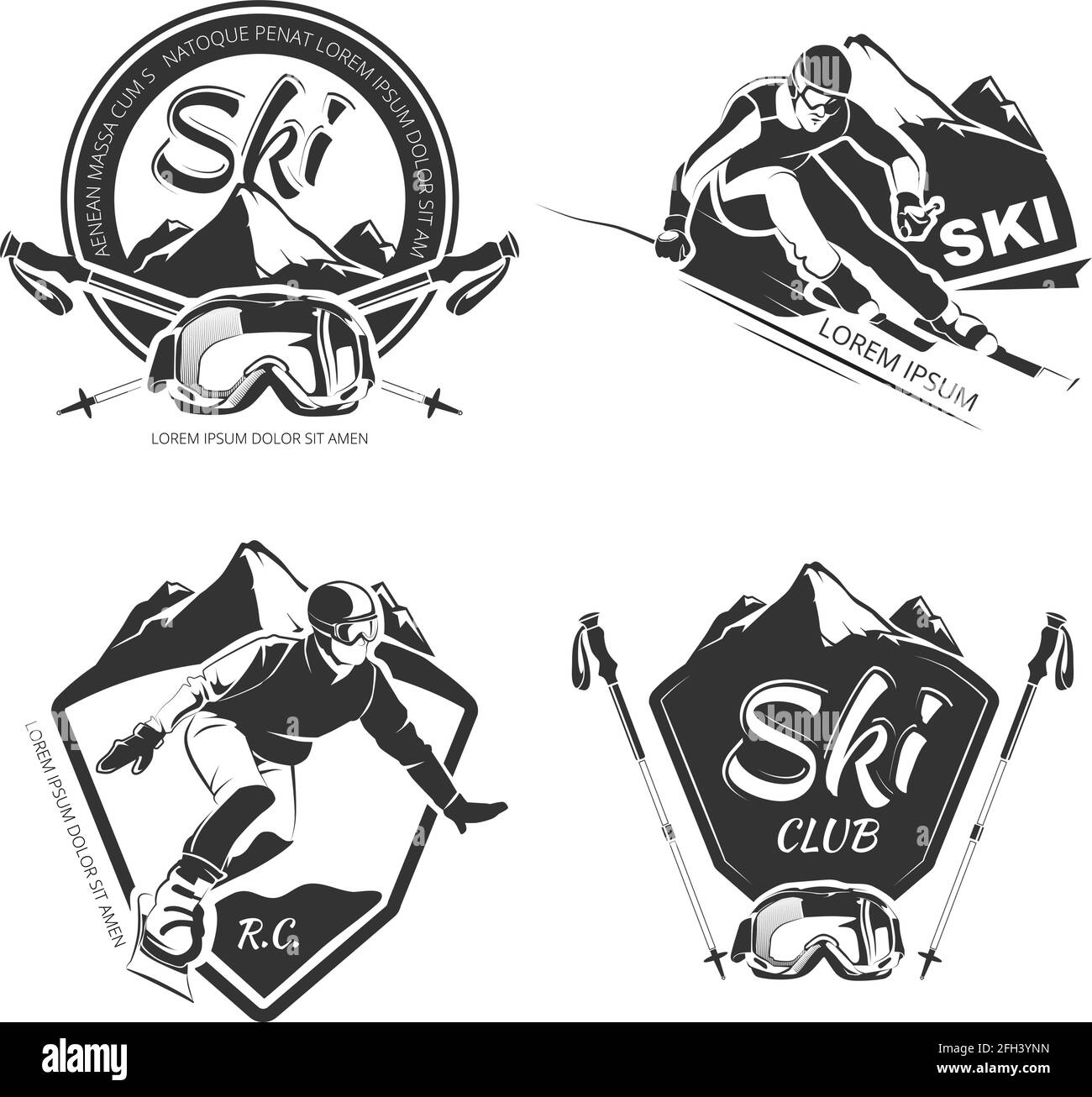 Emblèmes, étiquettes, badges, logos pour le snowboard et le ski. Logo ski, label snowboard, club snowboard et ski, badge rétro ski et s. Illustration de Vecteur