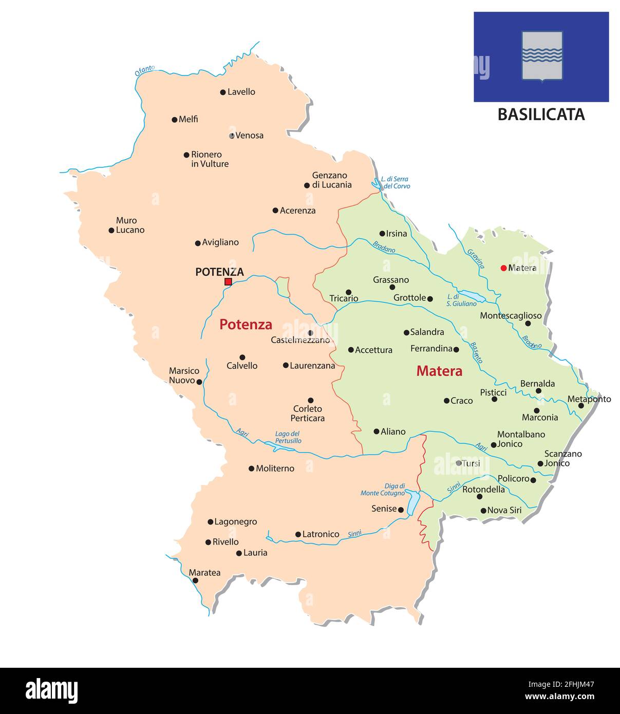 Carte vectorielle administrative et politique Basilicate avec drapeau Illustration de Vecteur