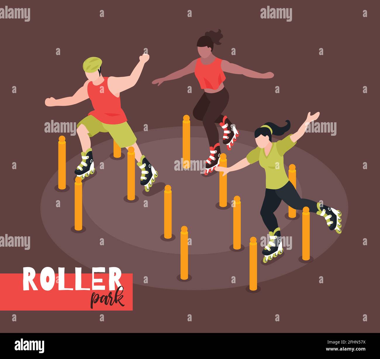 Sport de rue extrême fond isométrique avec adolescents en rollerblading en ville illustration vectorielle isométrique park sports ground Illustration de Vecteur