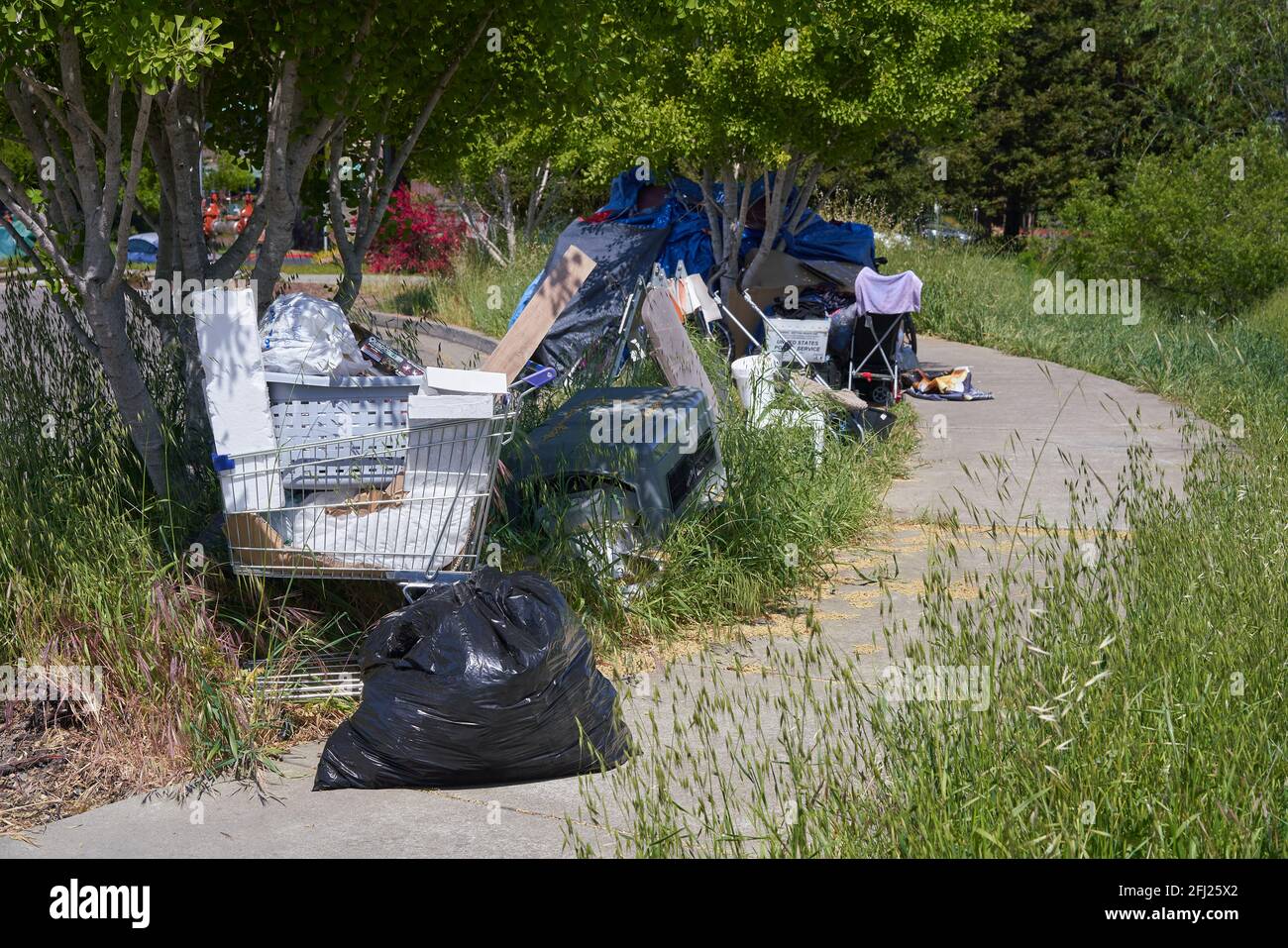 Tente, sacs poubelle, chariot et effets personnels d'un sans-abri sur le côté de la rue à Santa Rosa, Californie, États-Unis. Banque D'Images