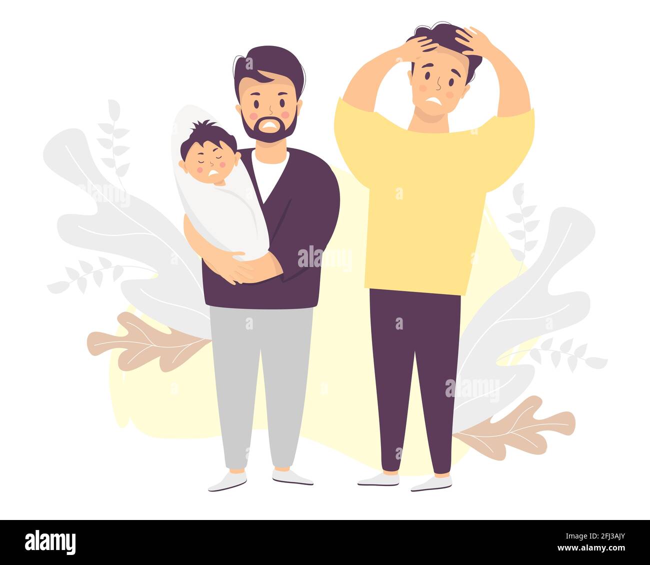 Un homme gay avec un enfant. Deux hommes tristes et effrayés tiennent un nouveau-né en pleurs. Illustration vectorielle. Famille LGBT avec son nouveau-né. Fête des pères - Illustration de Vecteur