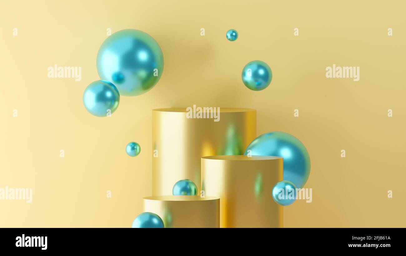 3D brillant Illustration de sphères flottantes et de trois socles Banque D'Images