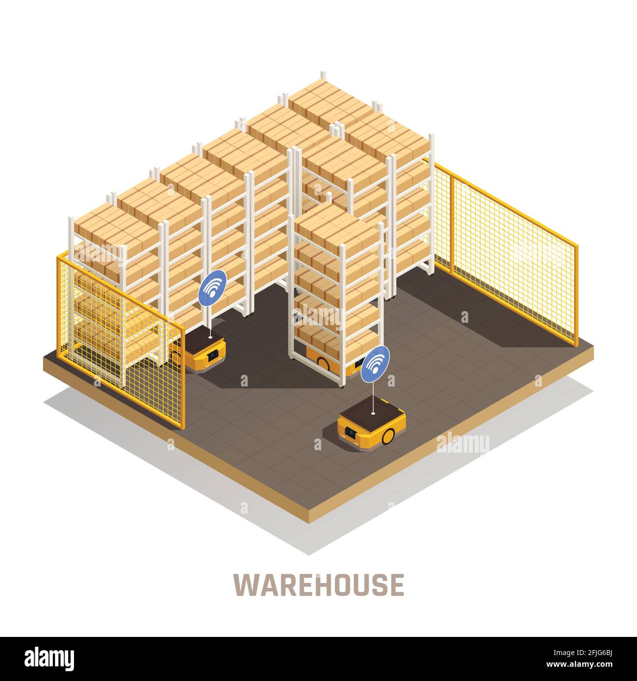 Entrepôt moderne entièrement automatisé matériel robotique contrôlé par ordinateur pour le fret distribution de suivi de stockage composition isométrique vecteur illustrati Illustration de Vecteur