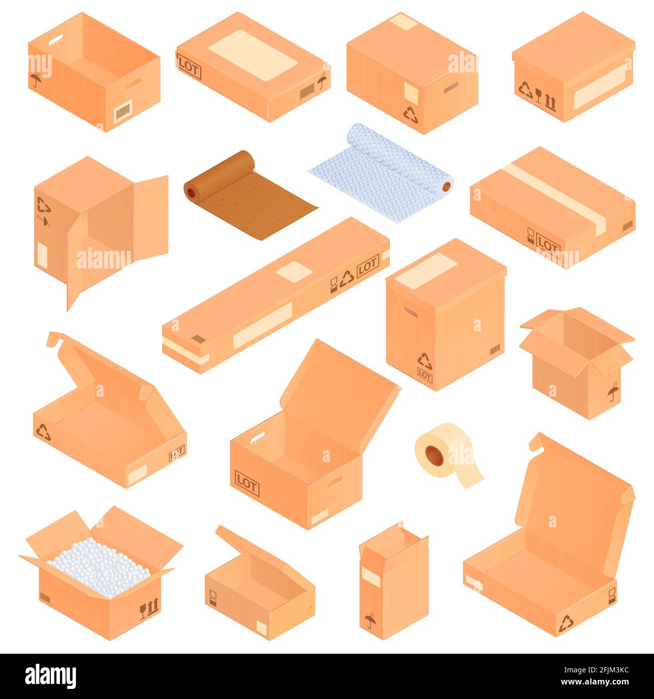 Boîtes en carton isométriques avec icônes isolées et images de carton de montage avec illustration vectorielle des matériaux d'emballage Illustration de Vecteur