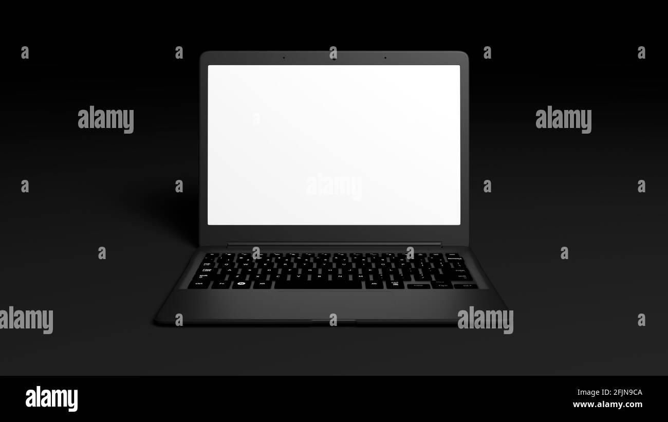 Maquette tridimensionnelle d'un ordinateur portable avec un arrière-plan noir. L'écran est vide, idéal pour placer un design personnalisé pour un site Web ou une application. Banque D'Images