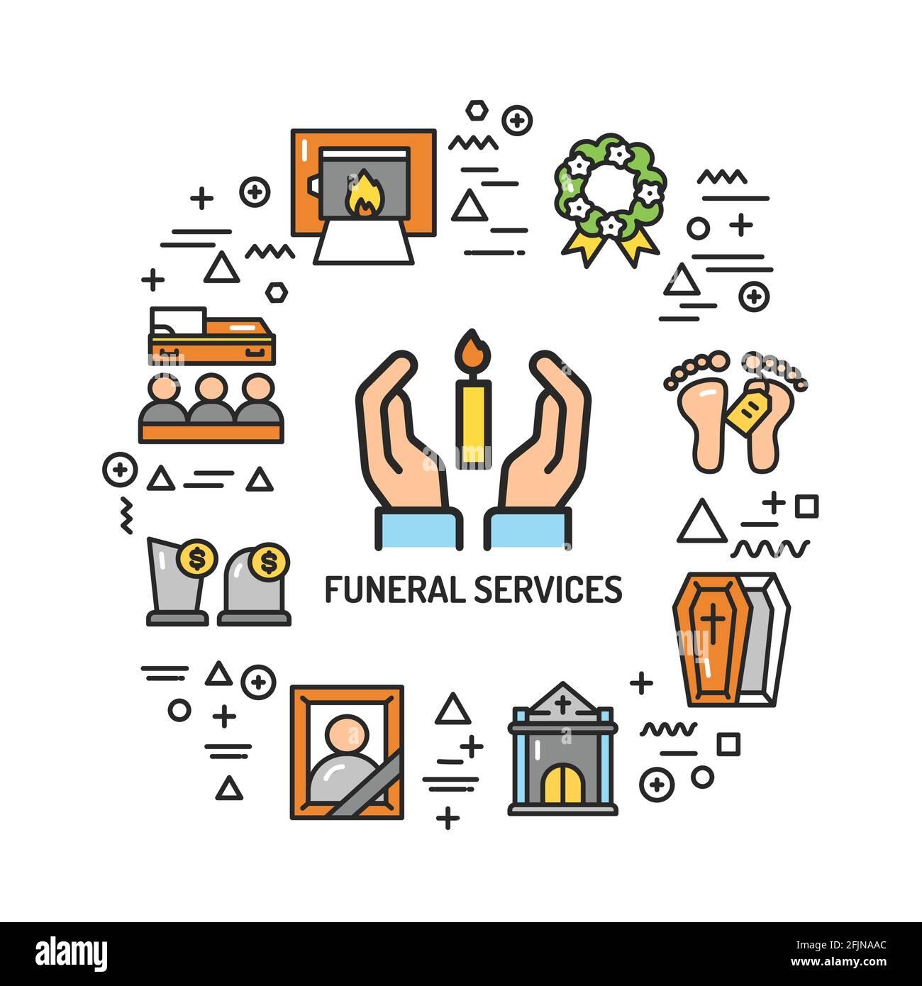 Bannière Web des services funéraires. Infographies avec icônes linéaires sur fond blanc. Concept d'idée créative. Illustration de couleur de contour isolée Illustration de Vecteur