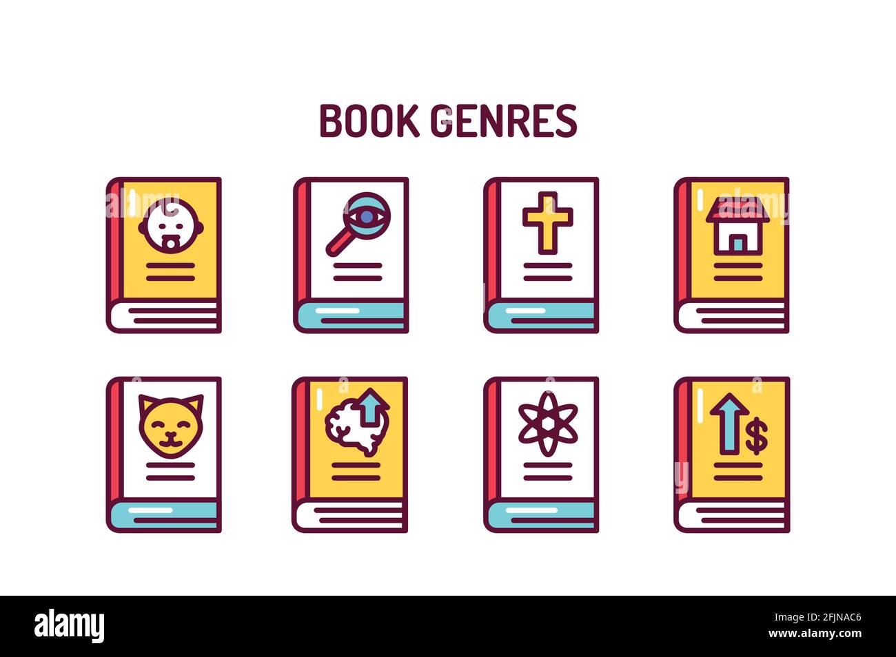 Genres de livres jeu d'icônes de ligne de couleur. Illustration vectorielle. Illustration de Vecteur