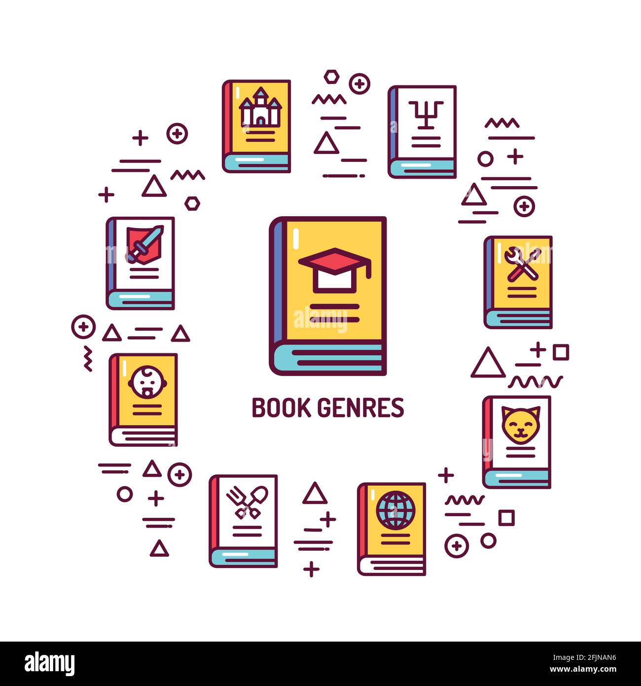Bannière Web des genres de livres. Infographies avec icônes linéaires sur fond blanc. Concept d'idée créative. Illustration de couleur de contour isolée. Illustration de Vecteur