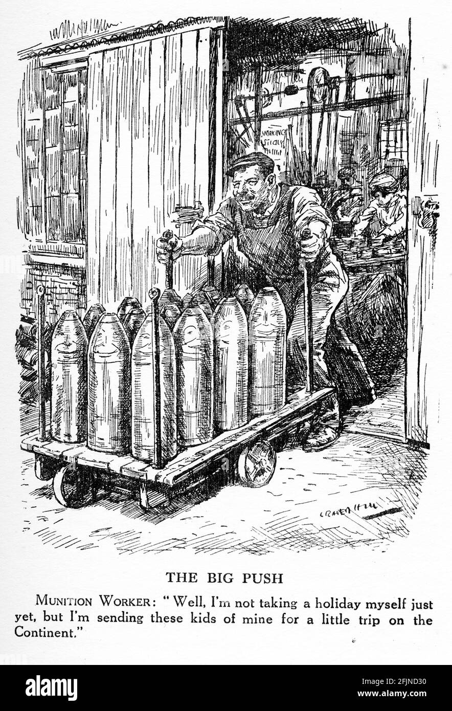 Gravure d'un travailleur de munitions poussant une grande charge de obus d'artillerie pendant la première Guerre mondiale. Du magazine Punch. Banque D'Images