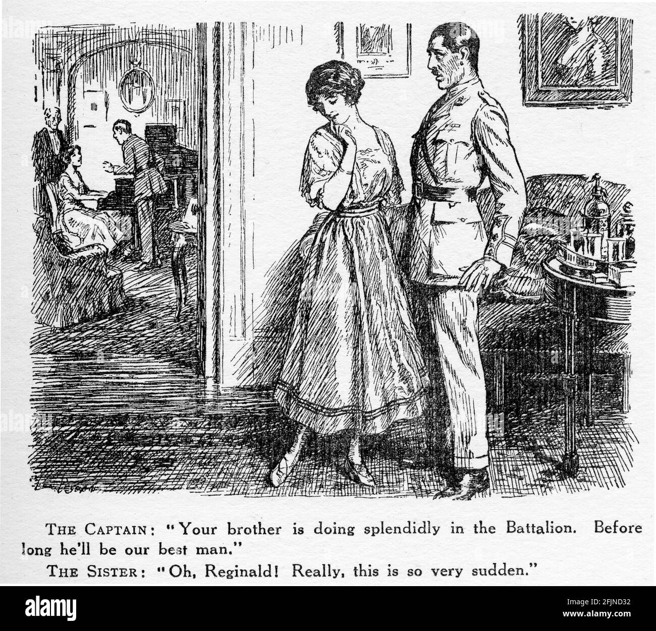 Gravure d'un couple confronté à un malentendu sur la signification du meilleur homme pendant la première Guerre mondiale. Du magazine Punch. Banque D'Images