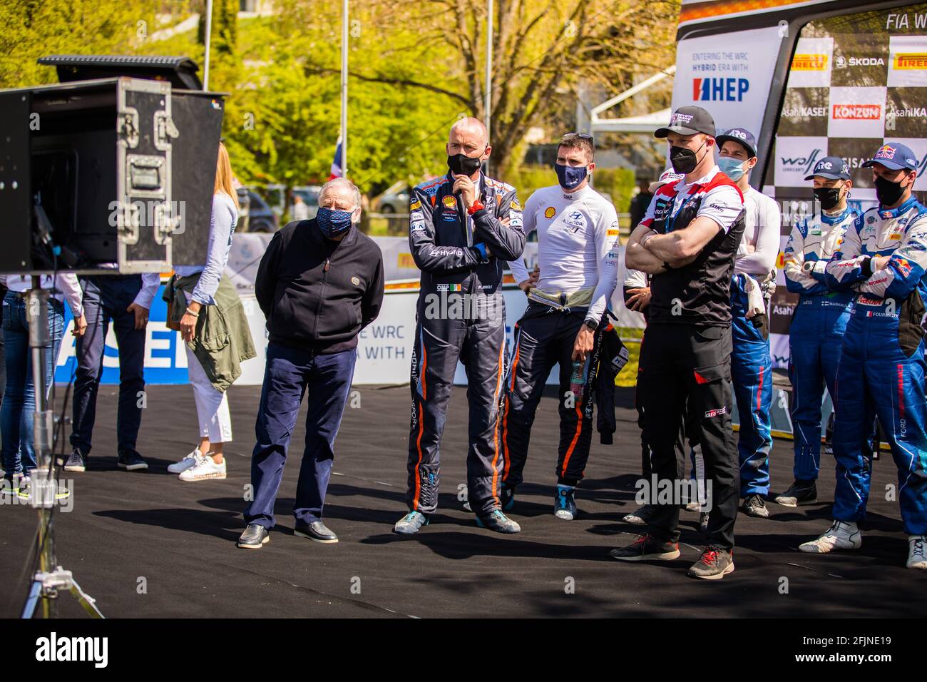Todt Jean (fra) Président de la FIA, Latvala Jari-Matti, Toyota Gazoo Racing WRC Team principal, Breen Craig (irl), Hyundai Shell MOBIS World Rally Team, Hyundai i20 coupé WRC, Nagle Paul (irl), Hyundai Shell MOBIS World Rally Team, Hyundai i20 coupé WRC arrivee, ligne d'arrivée pendant l'ambiance 2021, Croatie 3e tour de la FIA WRC 2021, FIA World Rally car Championship, du 22 au 25 avril 2021 à Zagreb, Croatie - photo Bastien Roux / DPPI / LiveMedia Banque D'Images