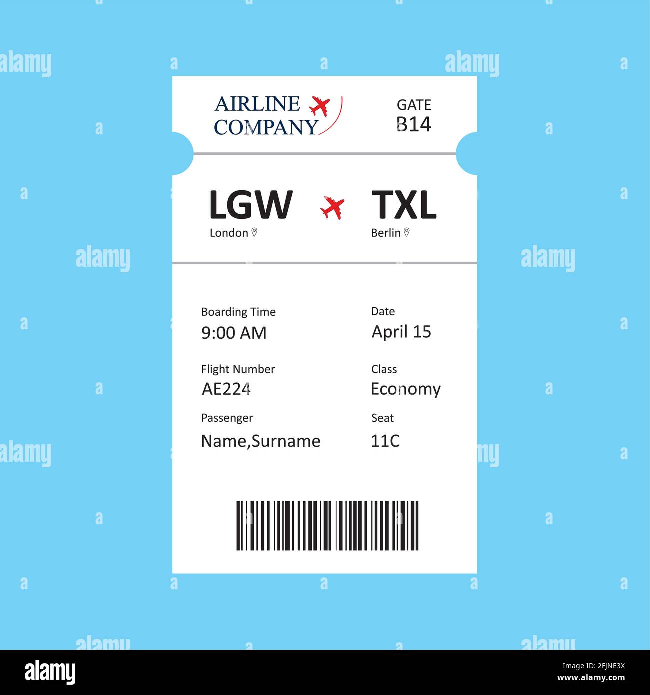 Carte d'embarquement de la compagnie aérienne, modèle de billet avec code QR.illustration vectorielle plate Illustration de Vecteur