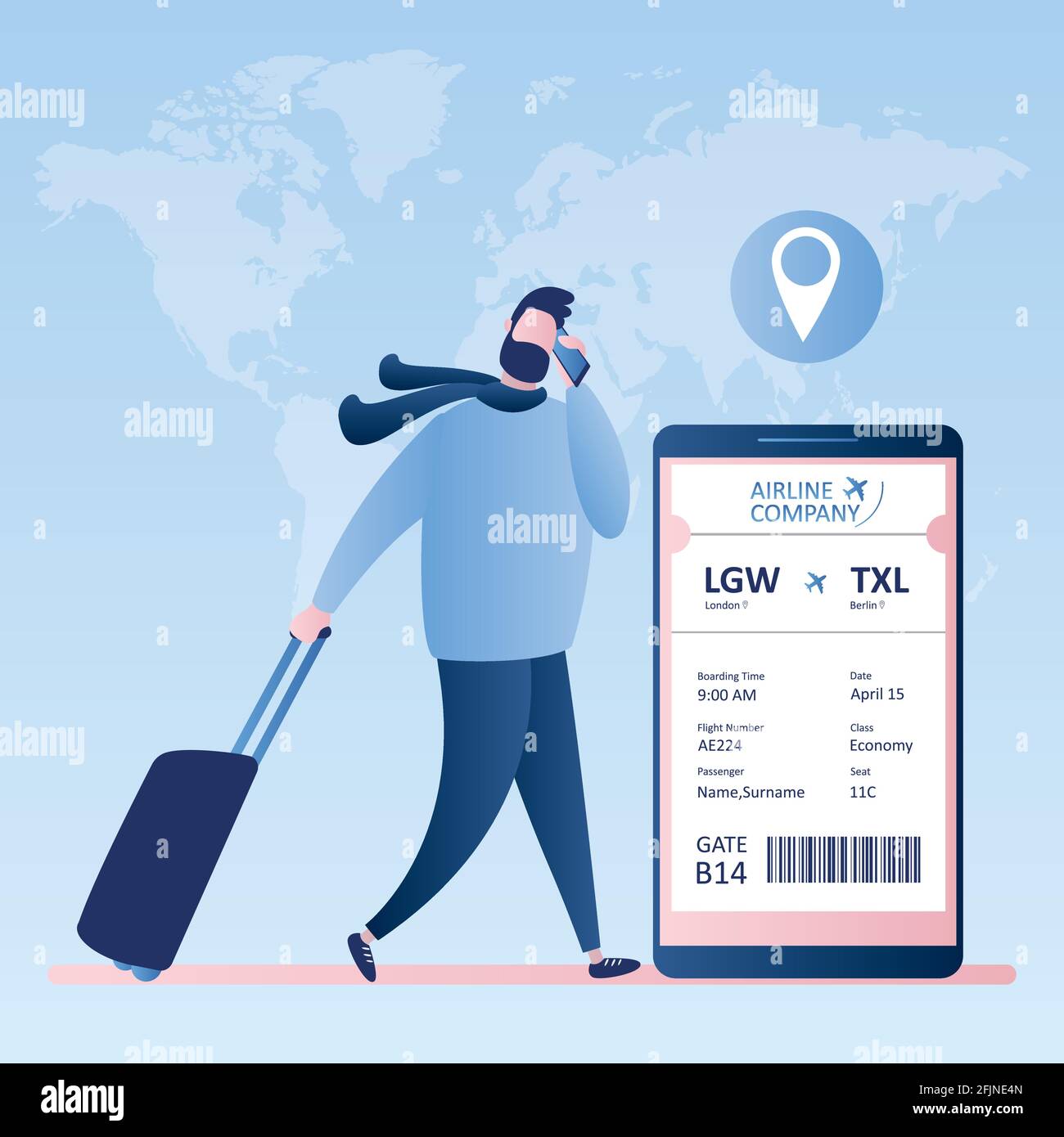 Voyageur hippster masculin avec valise et smartphone, enregistrement en ligne, carte d'embarquement de la compagnie aérienne Billet avec code-barres sur l'écran du téléphone mobile, Vector illus Illustration de Vecteur