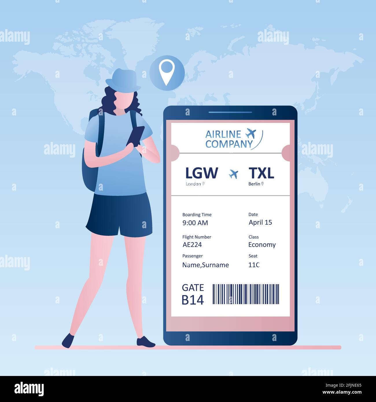Voyageur féminin avec smartphone, enregistrement en ligne, billet avec carte d'embarquement de la compagnie aérienne avec code à barres Illustration Code.Vector dans un style tendance Illustration de Vecteur