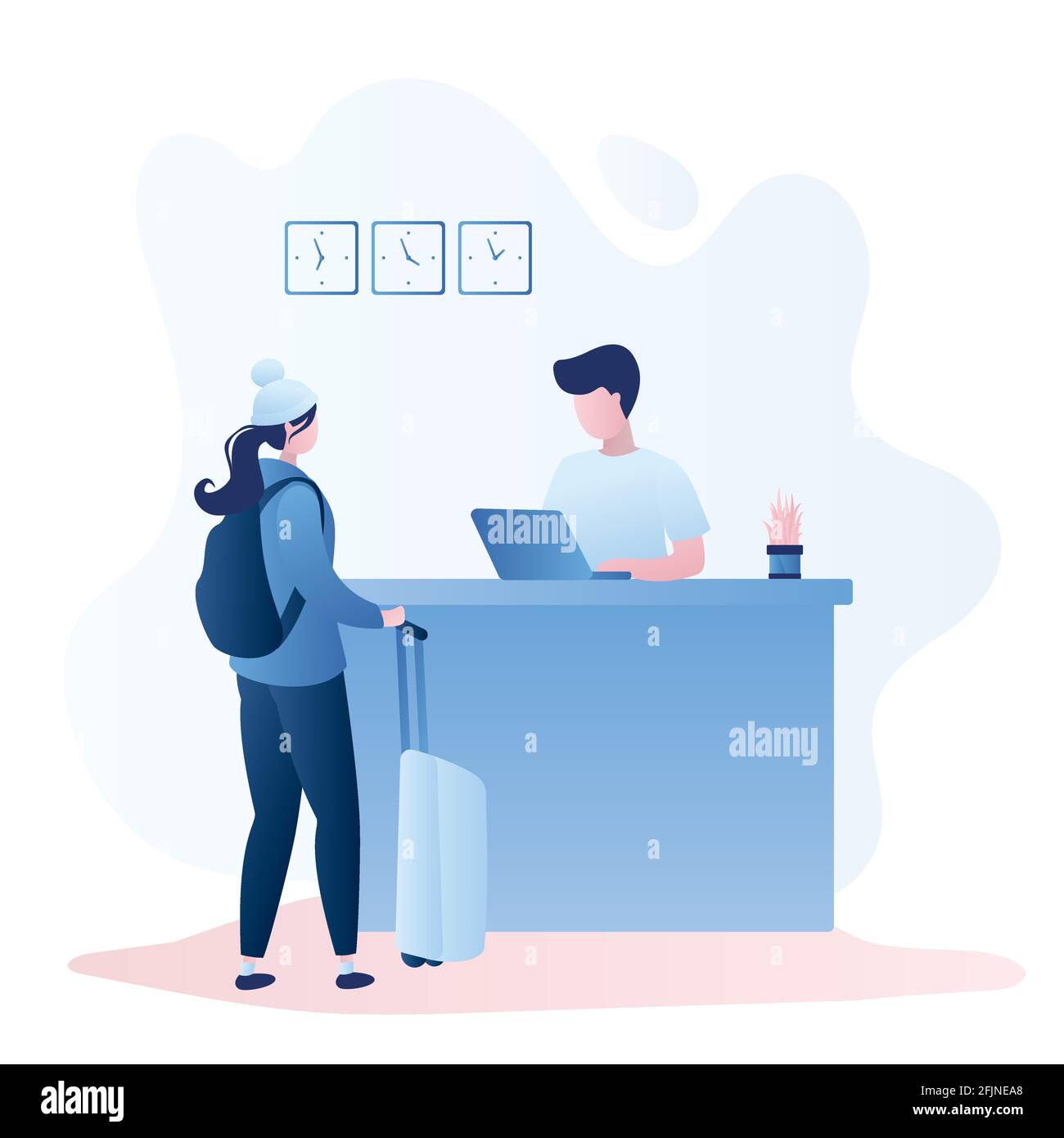 Voyageur féminin avec sac à dos et valise et réceptionniste lieu de travail, intérieur de la réception, processus d'enregistrement, illustration vectorielle de style tendance Illustration de Vecteur