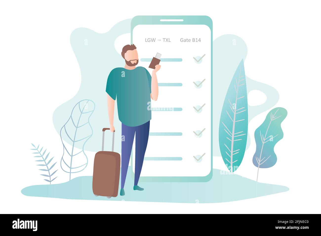 Homme avec valise et smartphone, grand smartphone avec carte d'embarquement, enregistrement en ligne, tendance style simple, illustration vectorielle plate d'extérieur Illustration de Vecteur