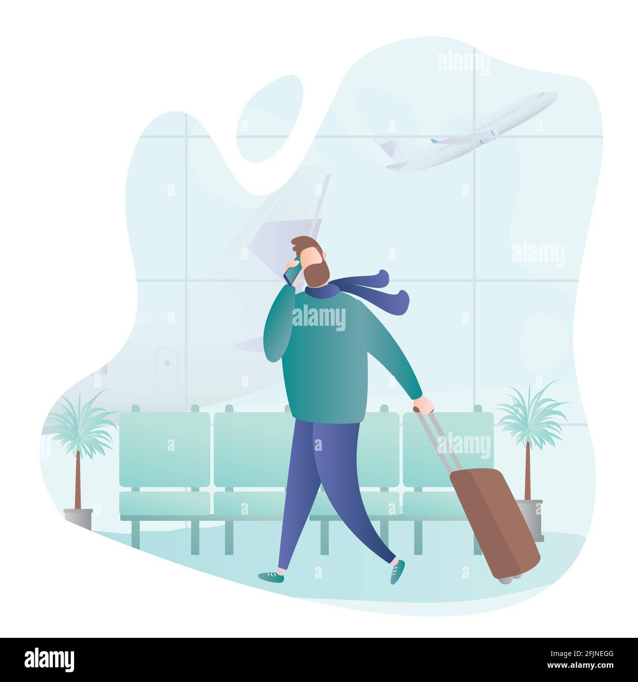 Boxer mâle avec valise et smartphone à l'aéroport, prendre l'avion en arrière-plan, style simple tendance, illustration vectorielle plate extérieure Illustration de Vecteur