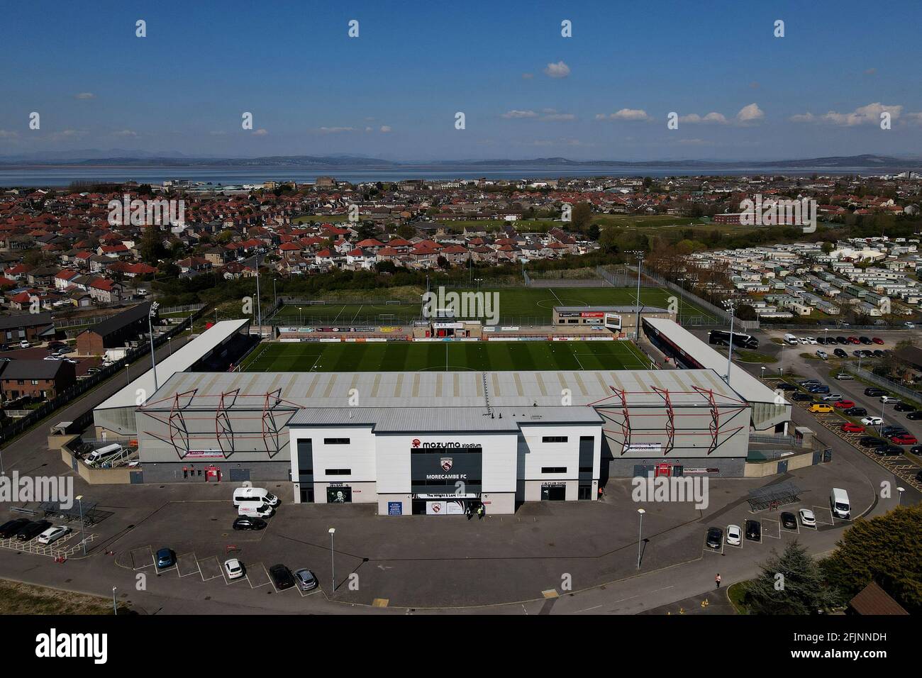 Vue aérienne du stade Mazuma, Morecambe, Royaume-Uni Banque D'Images