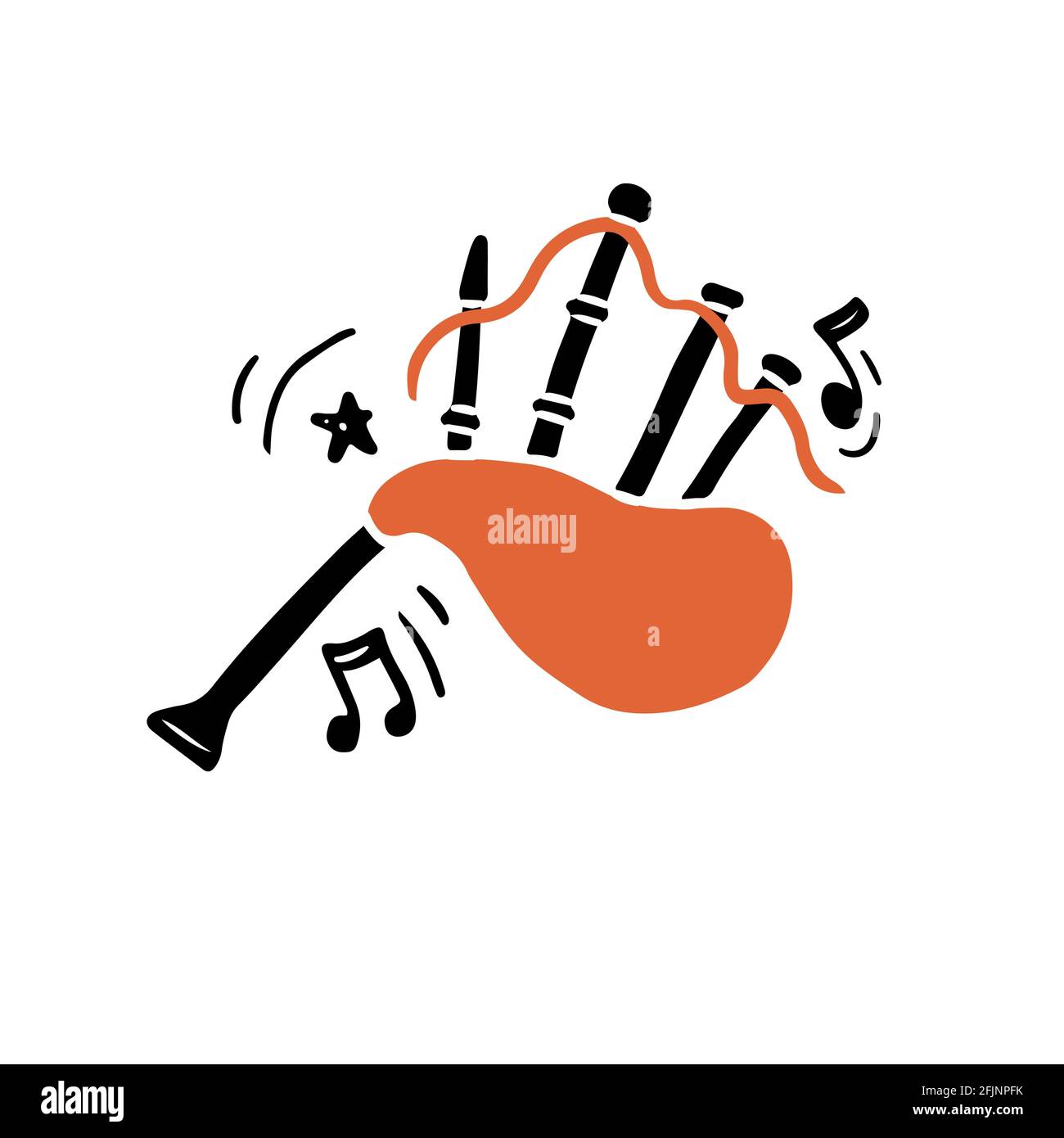 Illustration vectorielle d'authentiques cornemuses écossaises dessinées à la main dans un style minimaliste style plat avec des couleurs noir et orange jouant à la voix traditionnelle musique au milieu de notes abstraites et d'ornements Illustration de Vecteur