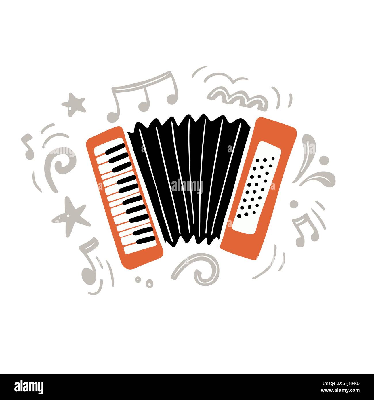 Illustration vectorielle d'un style plat minimaliste dessiné à la main accordéon de couleur noir et orange vif jouant de la créativité traditionnelle musique au milieu des ornements gris et des notes simples Illustration de Vecteur