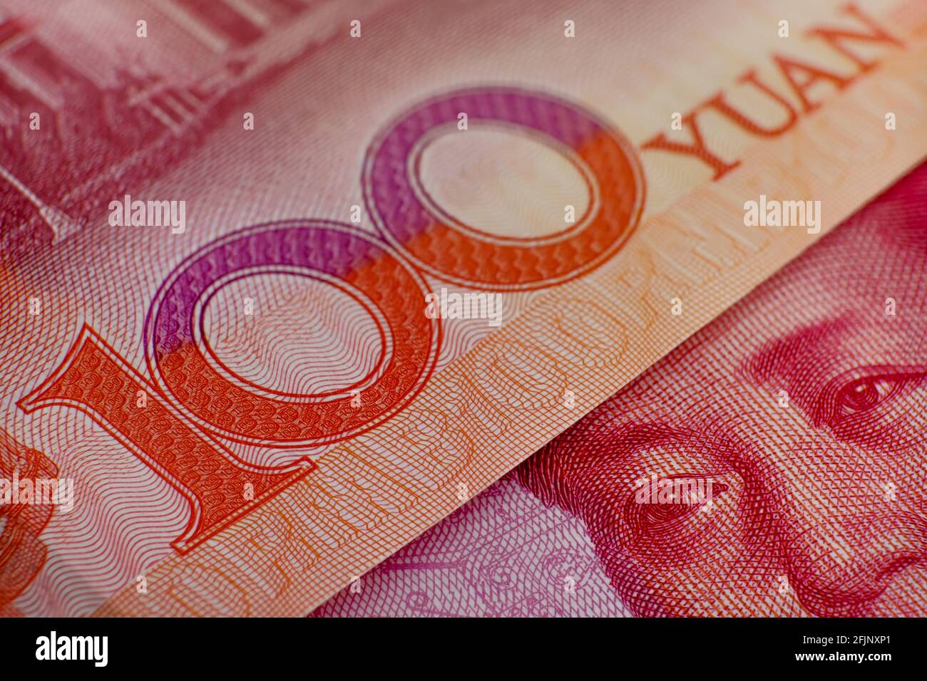 100 billets Yuan vus sur les images macro. Concept pour l'économie, la finance et le Yuan numérique. Mise au point Selctive. Banque D'Images