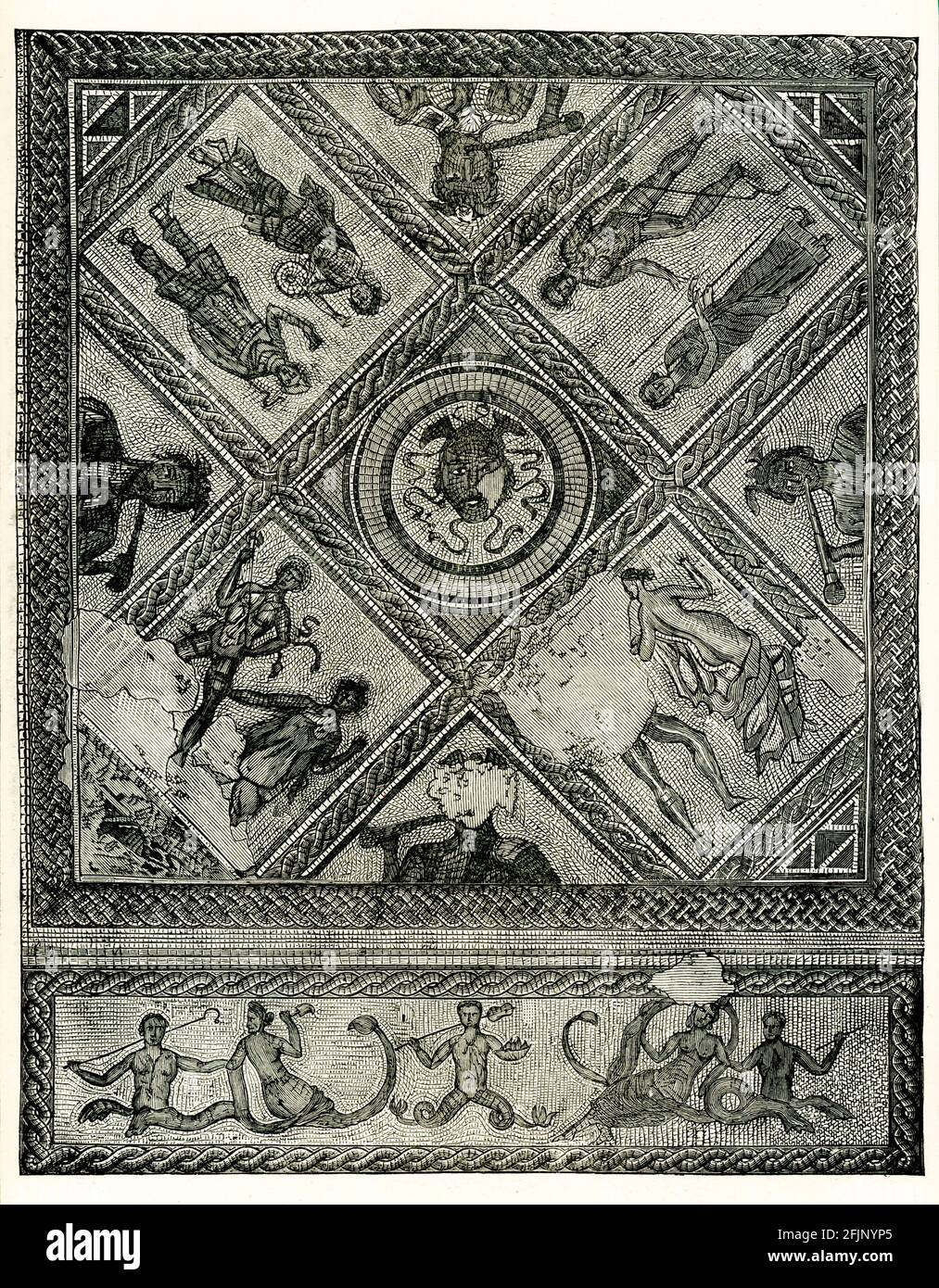 La légende de cette illustration de 1884 se lit comme suit : chaussée et vestiges trouvés dans une villa romaine récemment découverte à Brading sur l'île de Wight, la plus petite section de la salle de réception (extrémité est). Brading Roman Villa était une villa romaine sur cour qui a été excavée et exposée au public à Brading sur l'île de Wight. En 1879, un fermier appelé M. Munns a frappé un sol en mosaïque enterré tout en faisant des trous sur son pays pour un stylo de mouton. Le capitaine Thorp de Yarbridge, qui était dans la région à la recherche d'antiquités romaines, a aidé M. Munns à découvrir le panneau Gallus le lendemain. Au printemps 1880, tous les s Banque D'Images