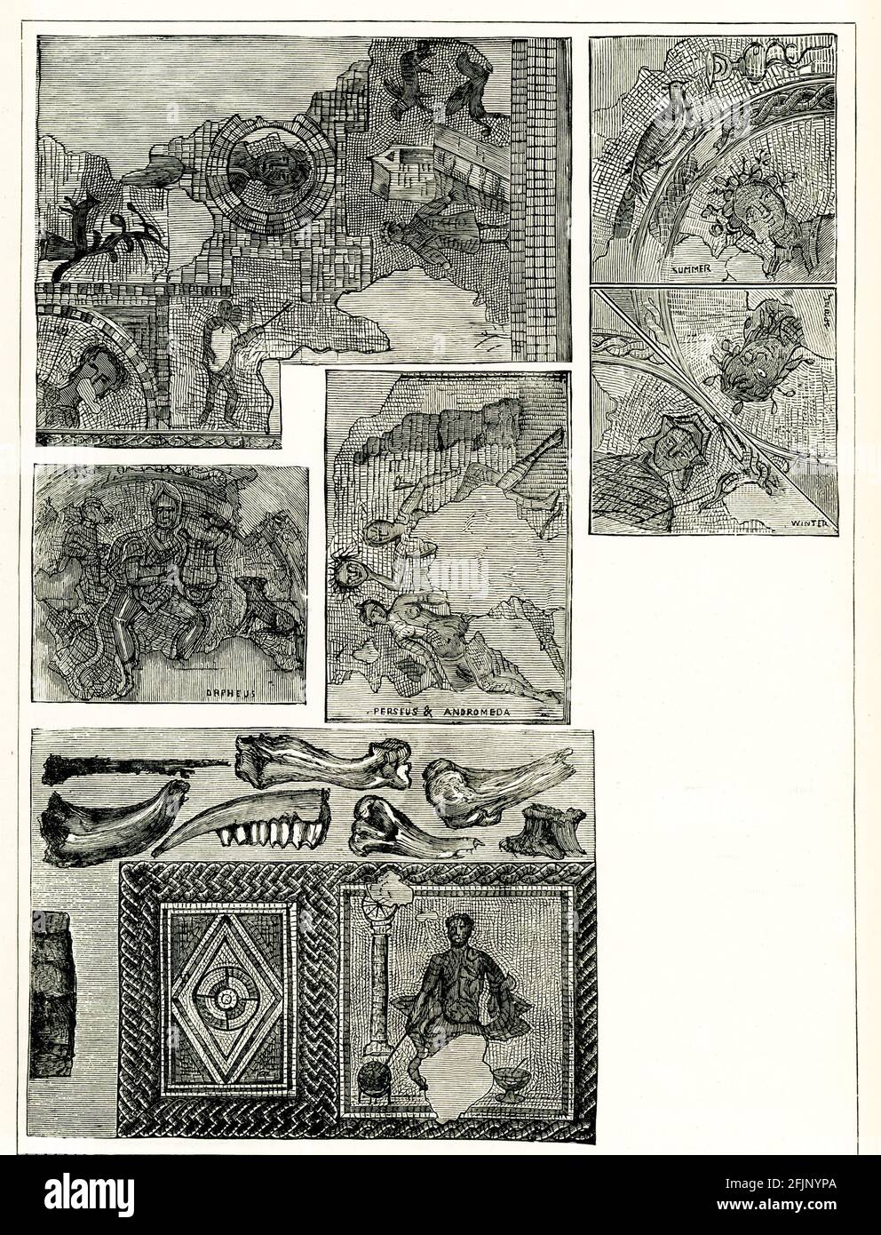 La légende de cette illustration de 1884 se lit comme suit : chaussée et vestiges trouvés dans une villa romaine récemment découverte à Brading sur l'île de Wight. Ils sont : en haut à gauche—première partie découverte; en haut à droite: Été; au milieu à gauche: Orpheus; au milieu: Perseus et Andromeda; au milieu à droite: Deux coins de la place de la section ouest de la salle de réception, hiver et printemps; en bas à gauche: pierres de la base de l'arche qui sépare les deux sections de la salle de réception; En bas: Os du boeuf sauvage nain (animal éteint), morceau de la corne d'un cerf, et un courrier romain; en bas: L'astrologue. ROM de chargement Banque D'Images