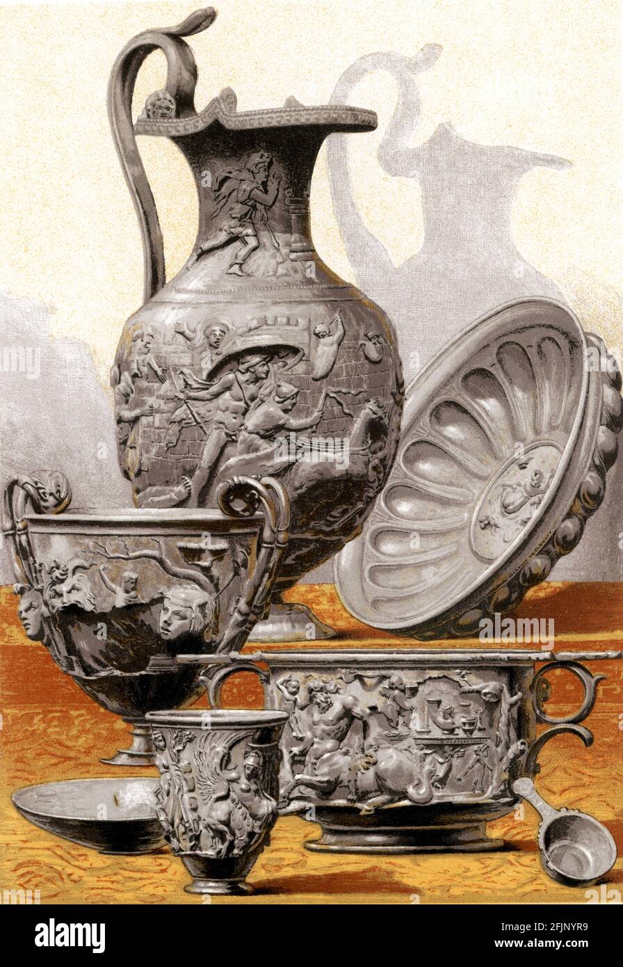 Cette illustration de 1884 montre les vases argentés trouvés à Bernay. Découverte accidentelle par un fermier français en 1830 dans le village de Berthouville, près de la ville française de Bernay, le spectaculaire cerné de statuettes et de navires dorés, connu sous le nom de Trésor de Berthouville, fut à l'origine dédié au dieu gallo-romain Mercure. Ils datent de 100 BC à 200 AD, Banque D'Images