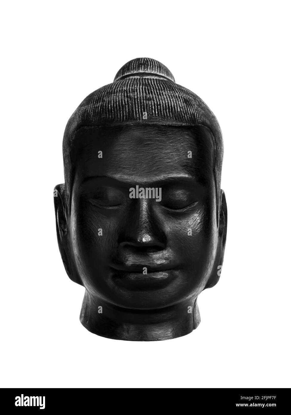 Tête de Bouddha, couleur noire sculptée en pierre isolée sur fond blanc, style vertical. La face du Bouddha antique en pierre, vue de face. Banque D'Images