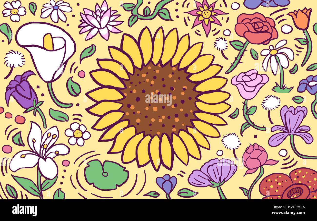 Illustration de dessin animé de tournesol géant entourée de plusieurs fleurs différentes sur fond jaune. Motif floral numérique plat Banque D'Images