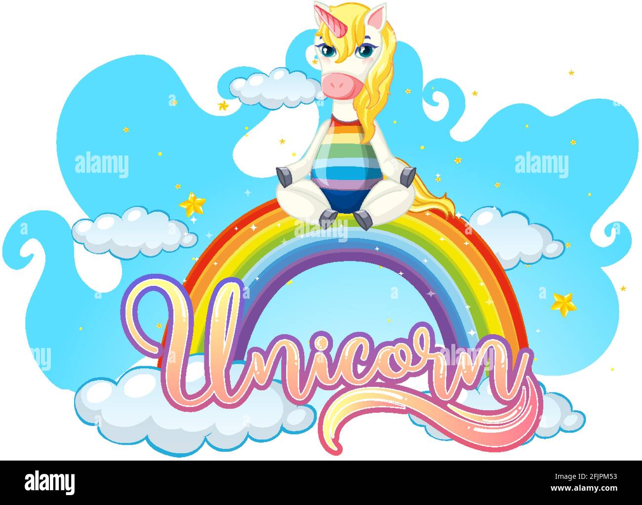 Personnage de dessin animé d'unicorn debout sur l'arc-en-ciel avec police unicorn illustration Illustration de Vecteur