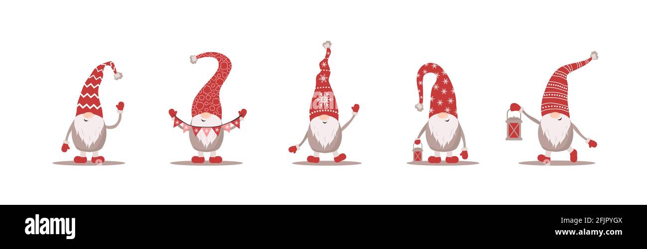 Jolis nains en chapeaux de père noël rouges sur fond blanc. Eloves de noël scandinaves. Illustration vectorielle de style dessin animé plat. Motif Nordic Element pour Illustration de Vecteur