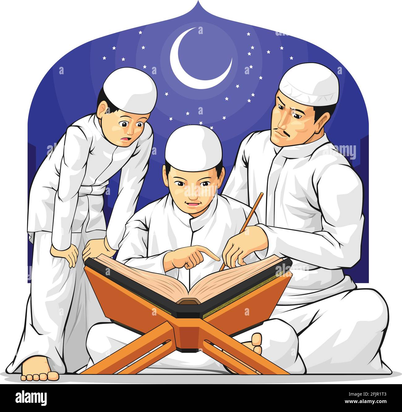 Enfants famille apprendre à lire le Saint livre islamique Coran dans Dessin animé du Ramadan Illustration de Vecteur