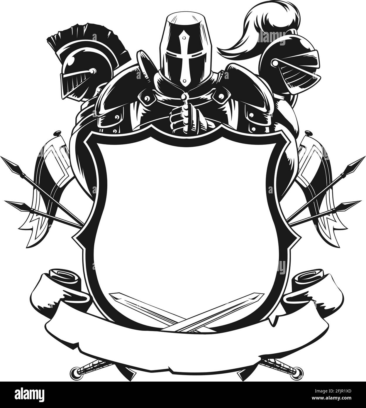 Décoration Silhouette Knight & Shield, dessin au pochoir noir et blanc Illustration de Vecteur