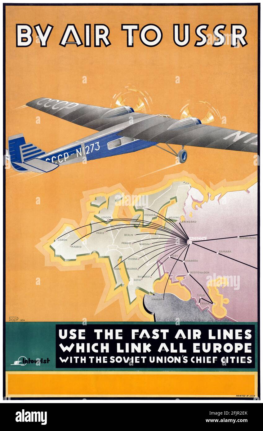 Par avion en URSS par Konstantin Bor Ramensky (1900–1942). Affiche ancienne restaurée publiée en 1934 en URSS. Banque D'Images