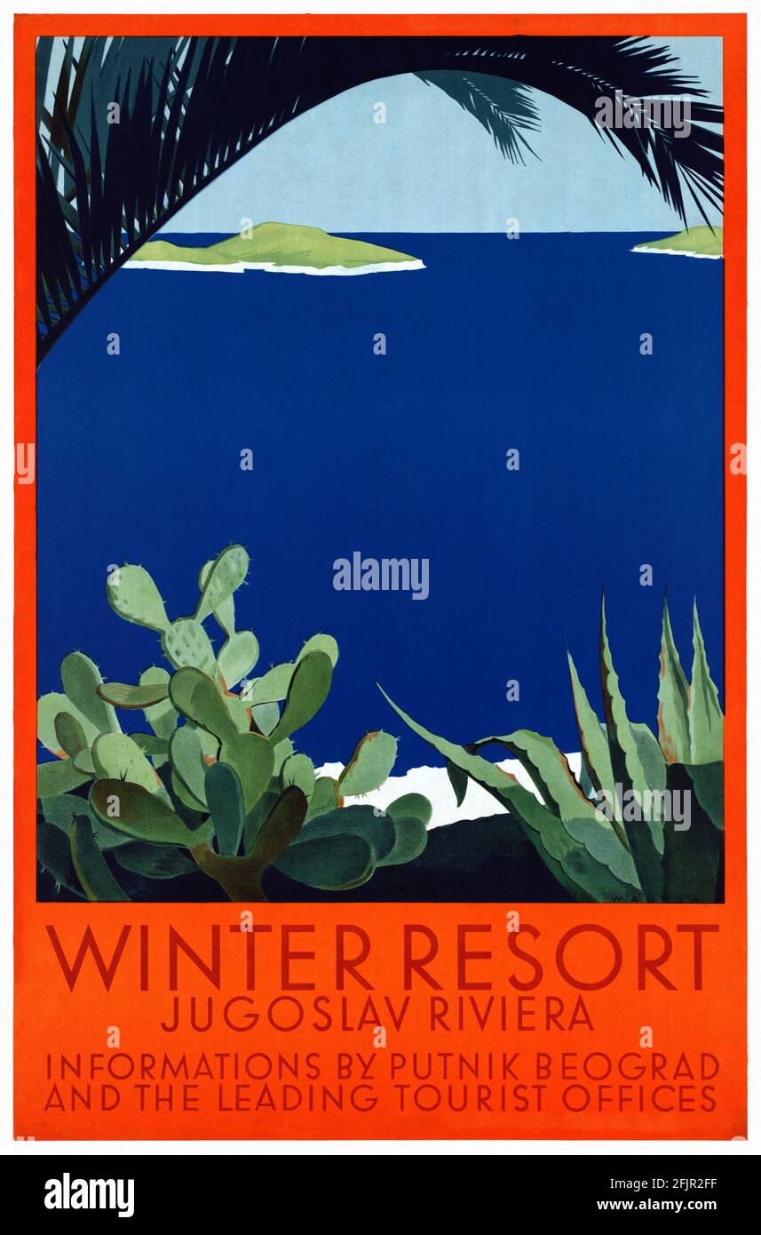 Winter Resort Jugoslav Riviera par Hans Waula (1894-1964). Affiche ancienne restaurée publiée en 1925 en Yougoslavie. Banque D'Images